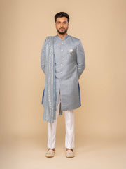 Sea Blue Mandarin Collar Achkan