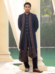Blue Solid Sherwani Set with Embroidered Stole