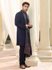 Blue Solid Sherwani Set with Embroidered Stole