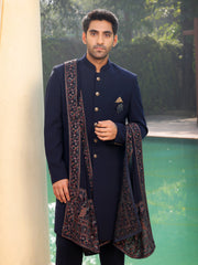 Blue Solid Sherwani Set with Embroidered Stole