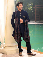 Blue Solid Sherwani Set with Embroidered Stole