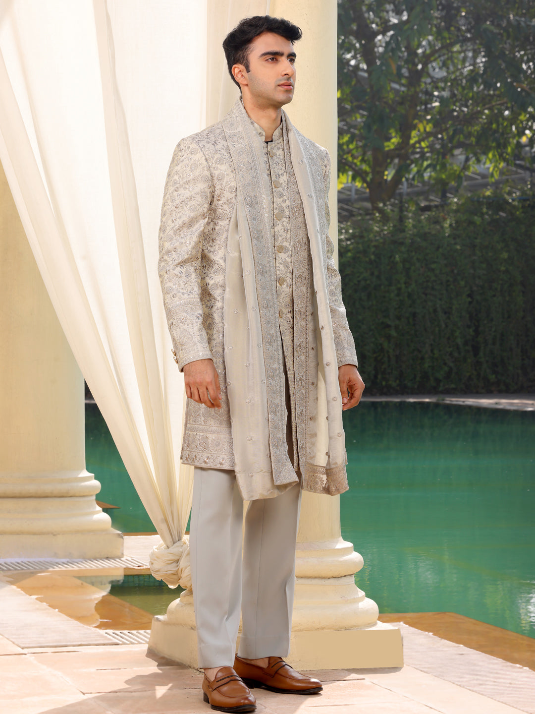 Ivory Embroidered Sherwani Set for Men