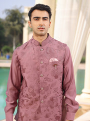 Mauve Floral Embroidered Waistcoat Kurta Set for Men