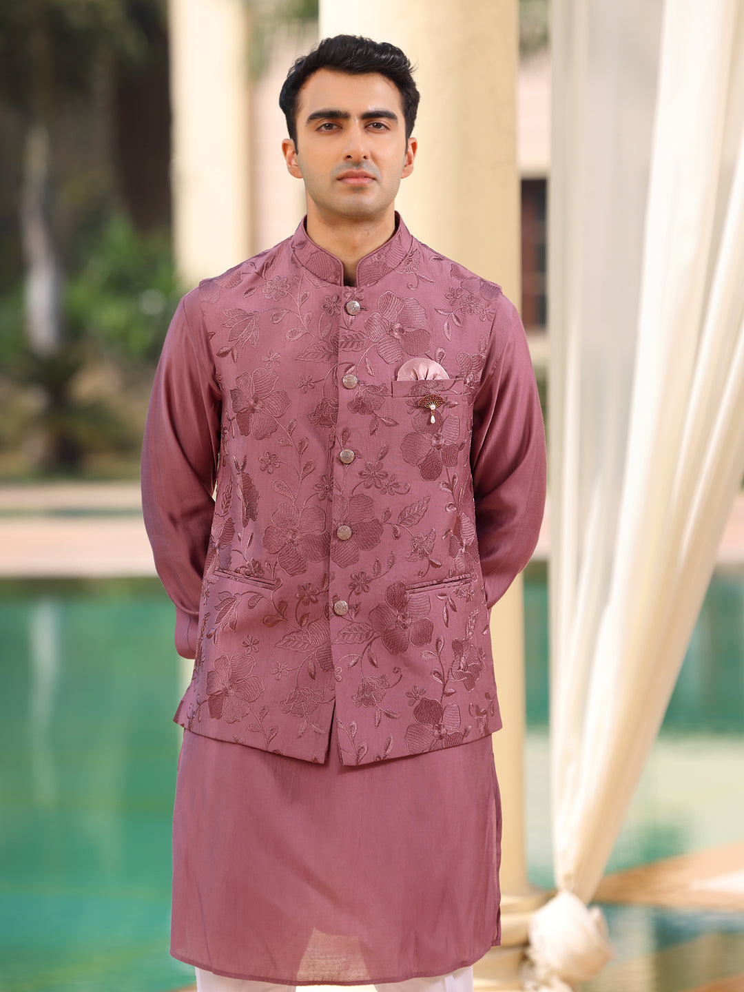 Mauve Floral Embroidered Waistcoat Kurta Set for Men