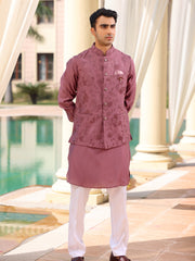 Mauve Floral Embroidered Waistcoat Kurta Set for Men
