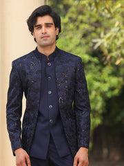 Royal Midnight Blue Embroidered Prince Coat with Tailored Trousers