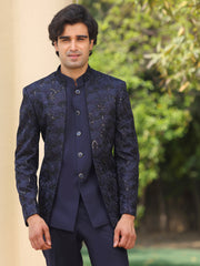 Royal Midnight Blue Embroidered Prince Coat with Tailored Trousers