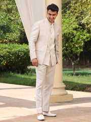 Ivory Paisley Printed Bandhgala Suit Set for Men