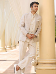 Ivory Paisley Printed Bandhgala Suit Set for Men