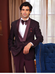 Burgundy Textured Tuxedo Suit with Satin Shawl Lapel