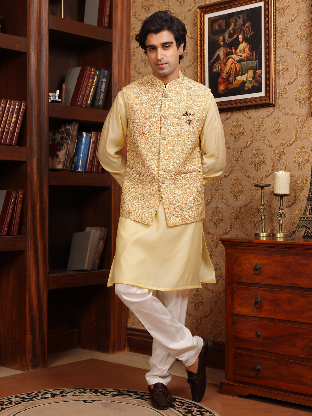 Royal Gold Embroidered Waistcoat Kurta Pajama Set for Men