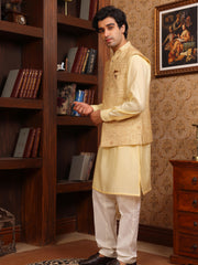 Royal Gold Embroidered Waistcoat Kurta Pajama Set for Men