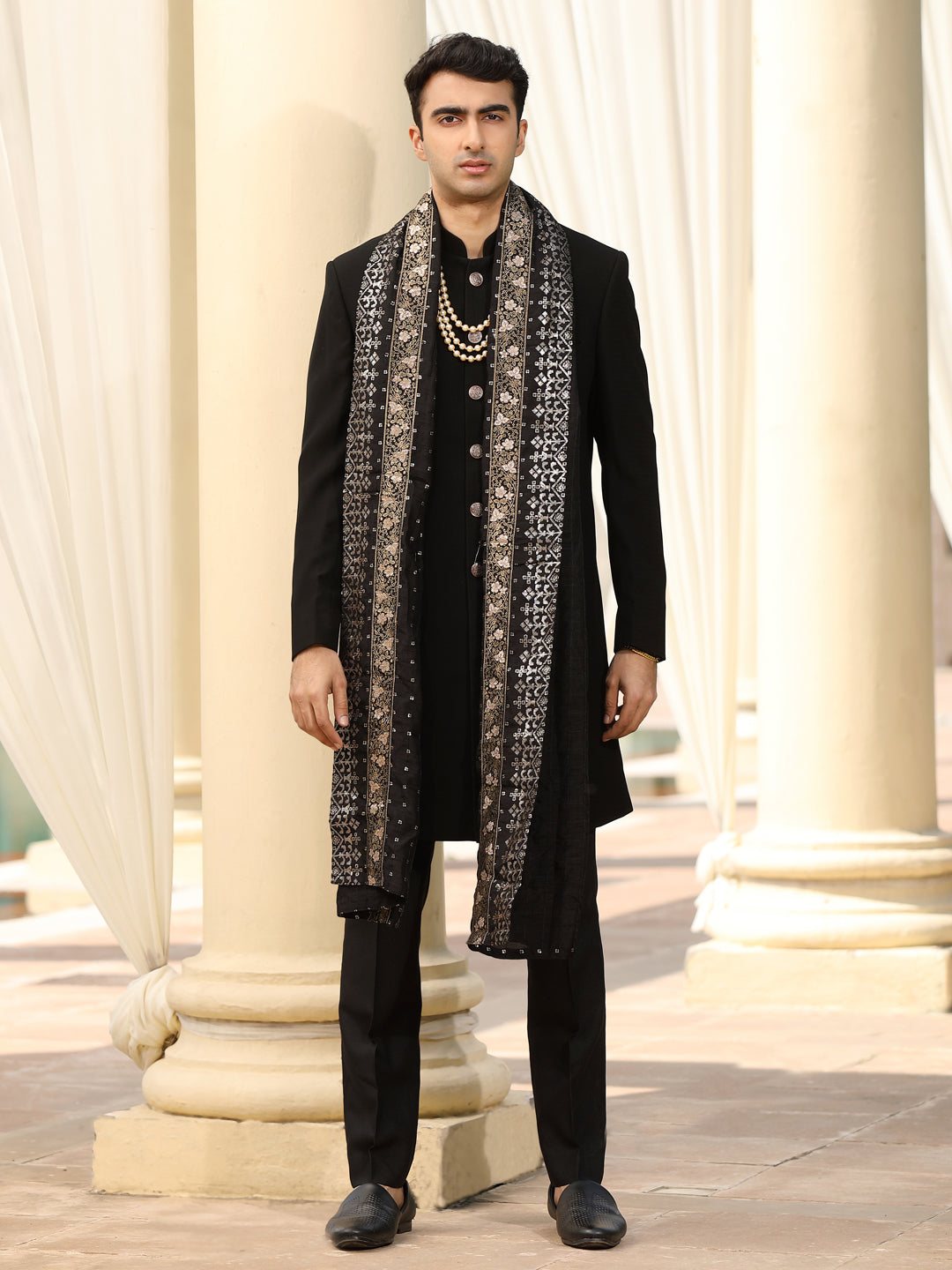 Black Solid Sherwani Set with Embroidered Stole
