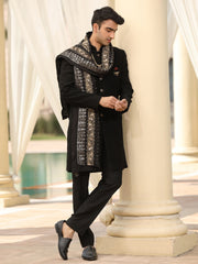 Black Solid Sherwani Set with Embroidered Stole