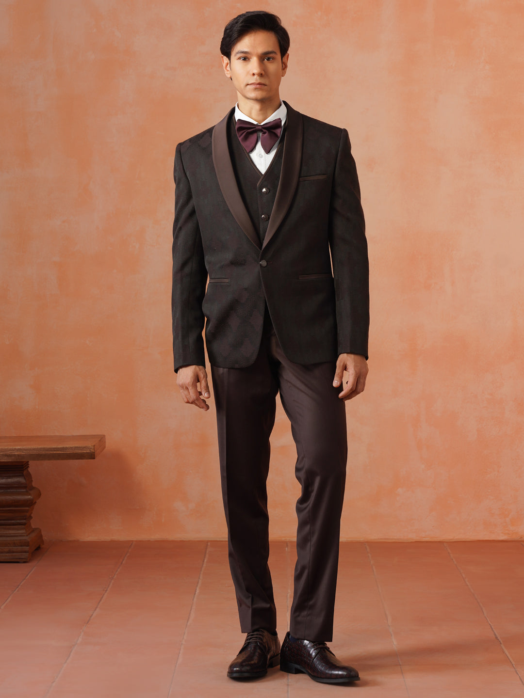 Men’s Maroon Self Designed Shawl Collar Suit Set