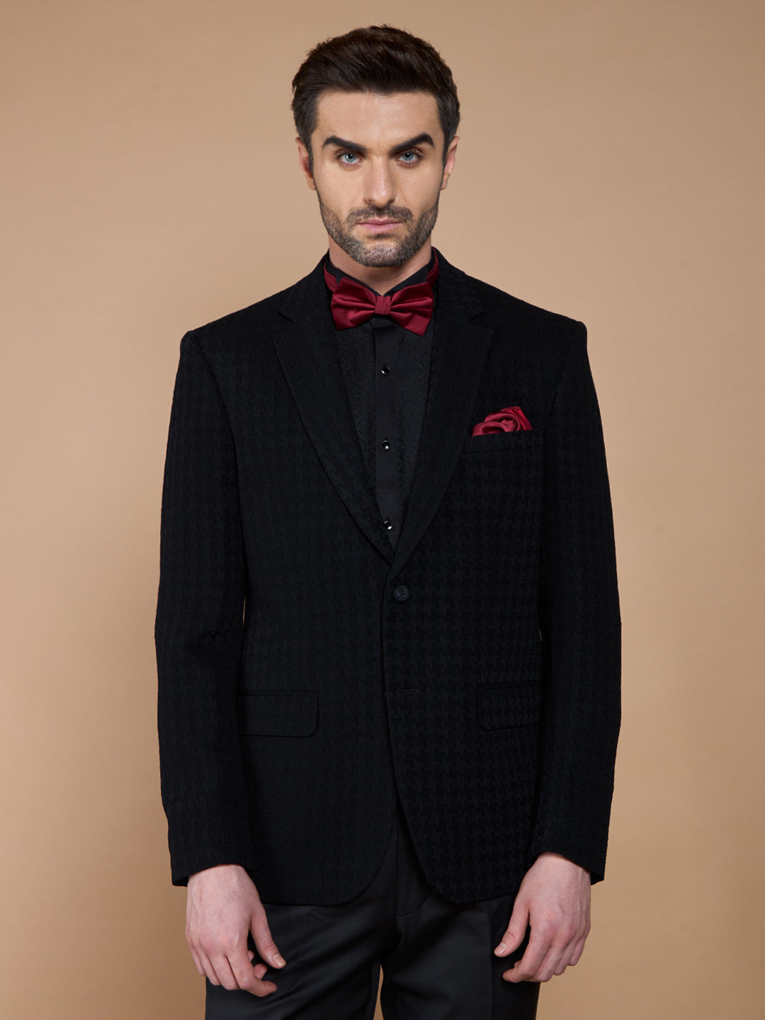 Black Geometric Pattern Jacket with Lapel Collar