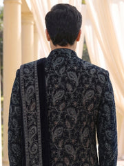 Midnight Noir Embroidered Sherwani Set with Paisley Detailing & Velvet Stole