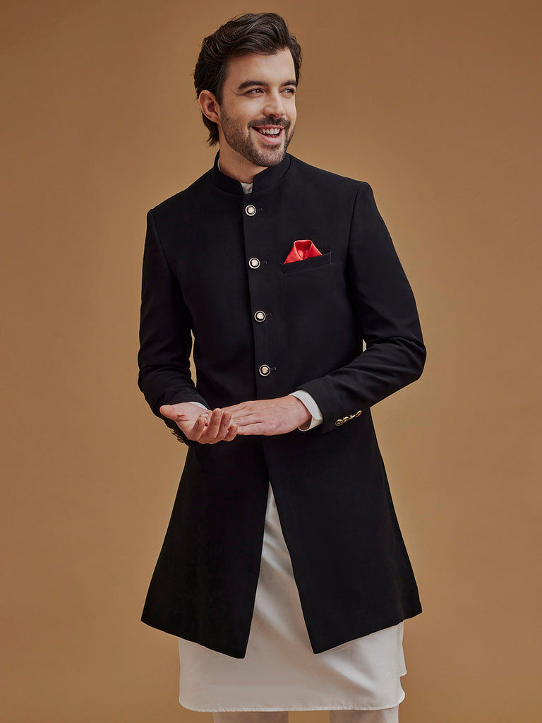 Solid Black Achkan – Neumen - Main Image