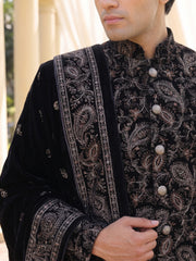 Midnight Noir Embroidered Sherwani Set with Paisley Detailing & Velvet Stole