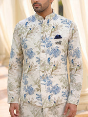 Beige/ Blue Floral Kurta with Nehru Jacket Set