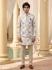 Beige/ Blue Floral Kurta with Nehru Jacket Set