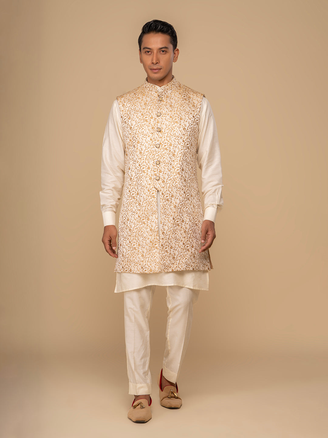 Neumen Cream Kurta, Trouser & Long Waistcoat Set For Men