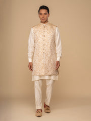 Neumen Cream Kurta, Trouser & Long Waistcoat Set For Men