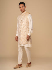 Neumen Cream Kurta, Trouser & Long Waistcoat Set For Men