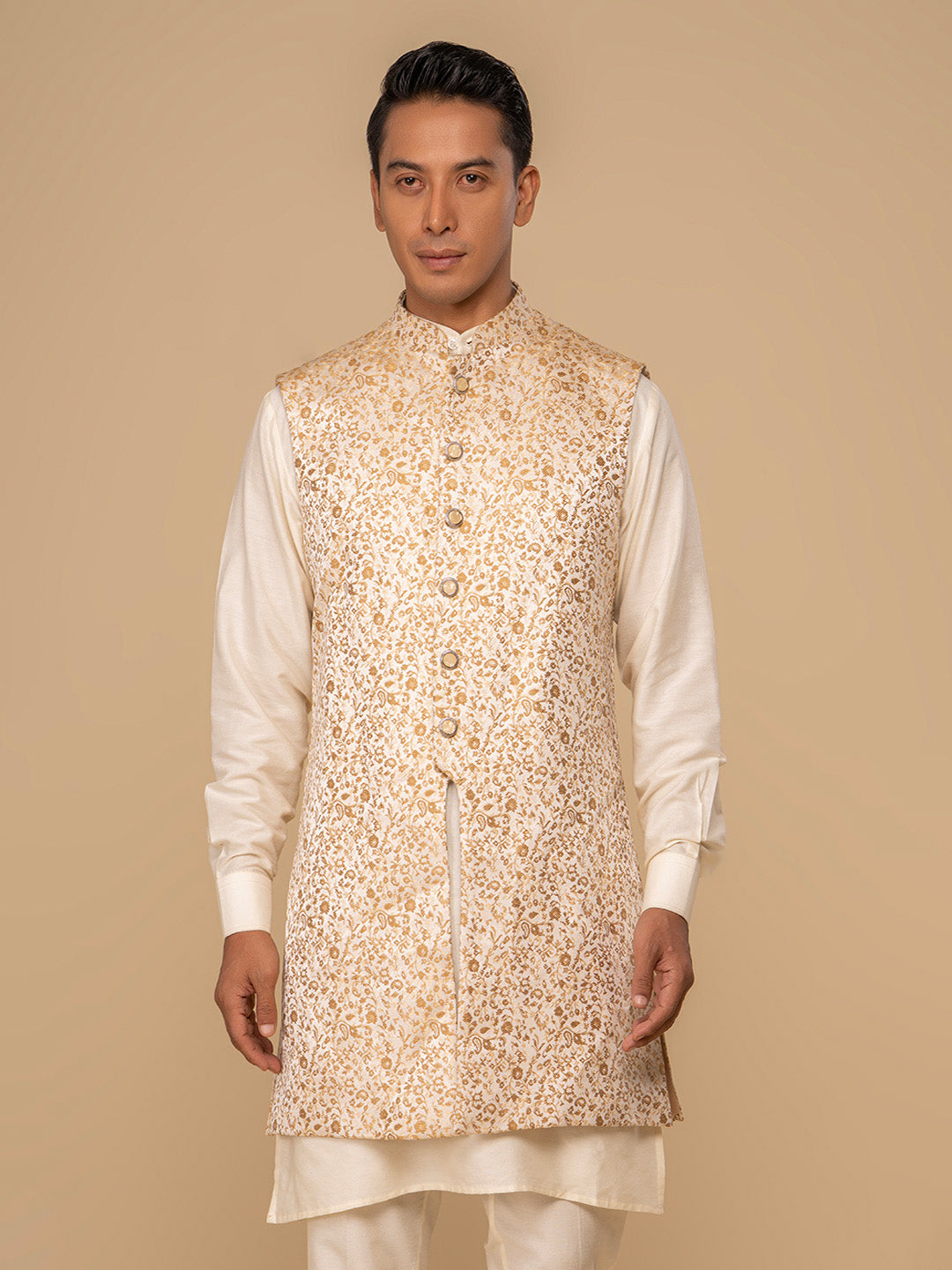 Neumen Cream Kurta, Trouser & Long Waistcoat Set For Men