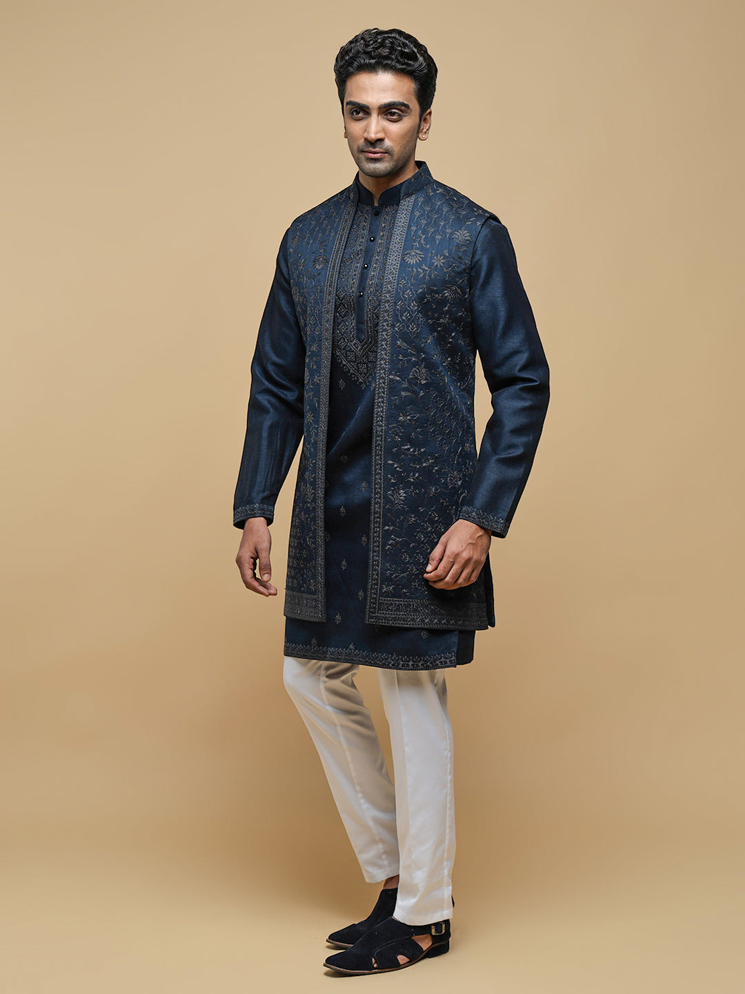 Men’s Blue Kurta, Trouser & Long Waistcoat Set