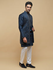 Men’s Blue Kurta, Trouser & Long Waistcoat Set