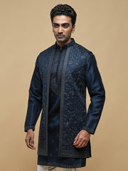 Men’s Blue Kurta, Trouser & Long Waistcoat Set