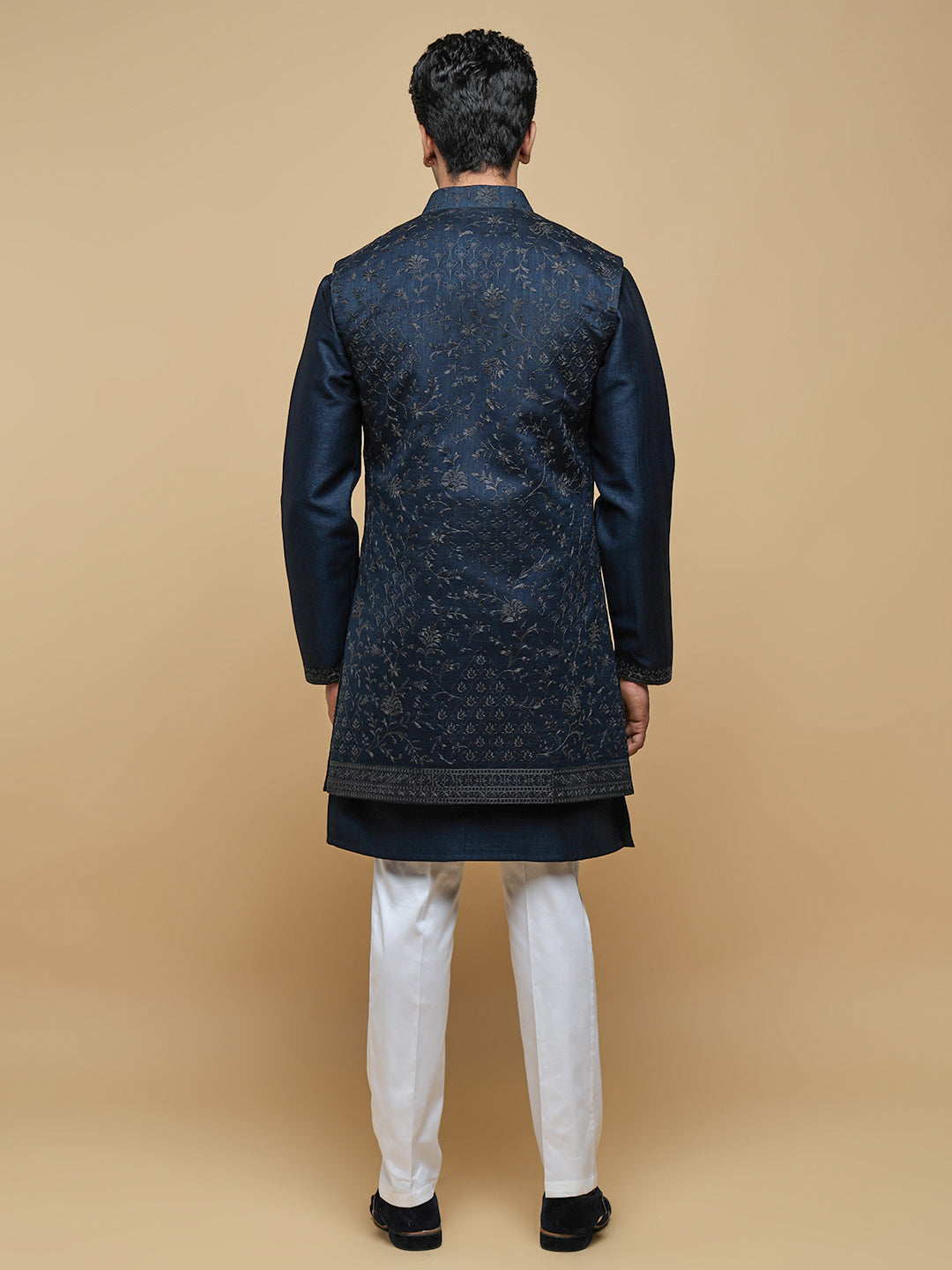 Men’s Blue Kurta, Trouser & Long Waistcoat Set