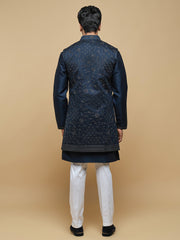 Men’s Blue Kurta, Trouser & Long Waistcoat Set