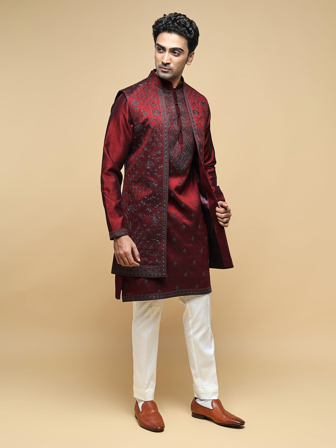 Men’s Maroon Kurta, Trouser & Long Waistcoat Set