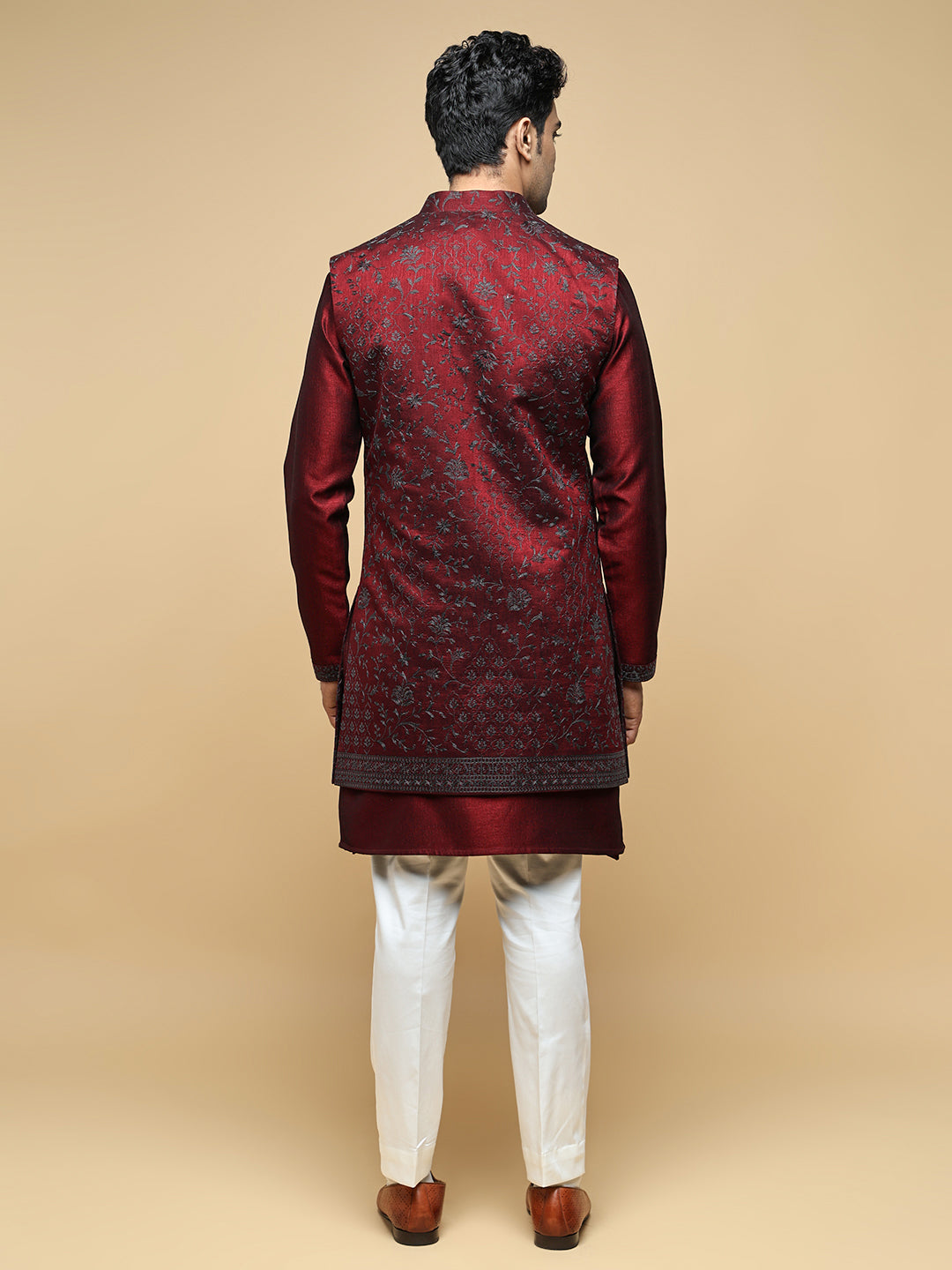 Men’s Maroon Kurta, Trouser & Long Waistcoat Set