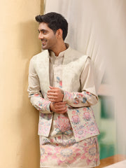 Beige Floral Kurta with Nehru Jacket Set