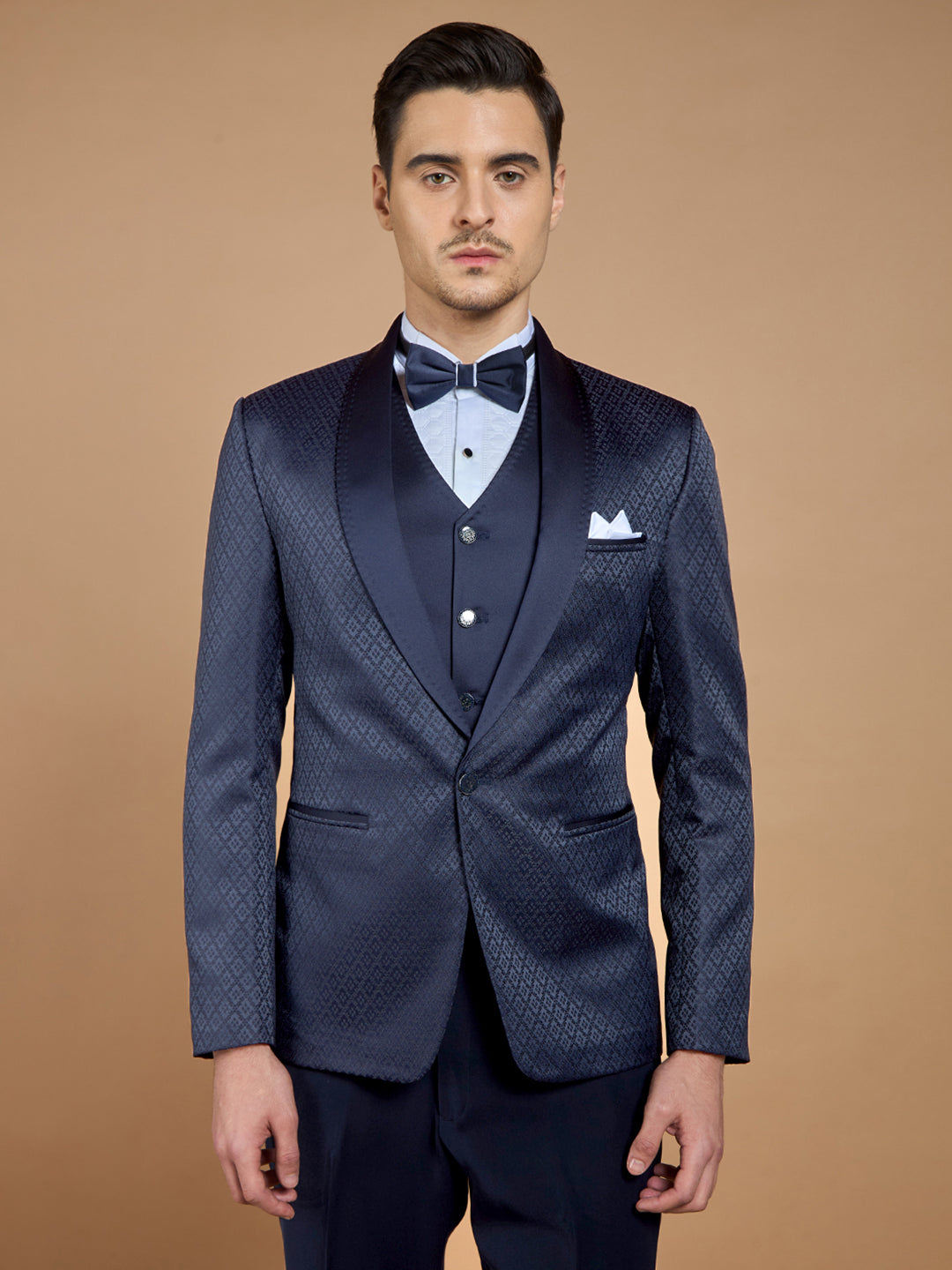 Men's Navy Blue Printed Tuxedo