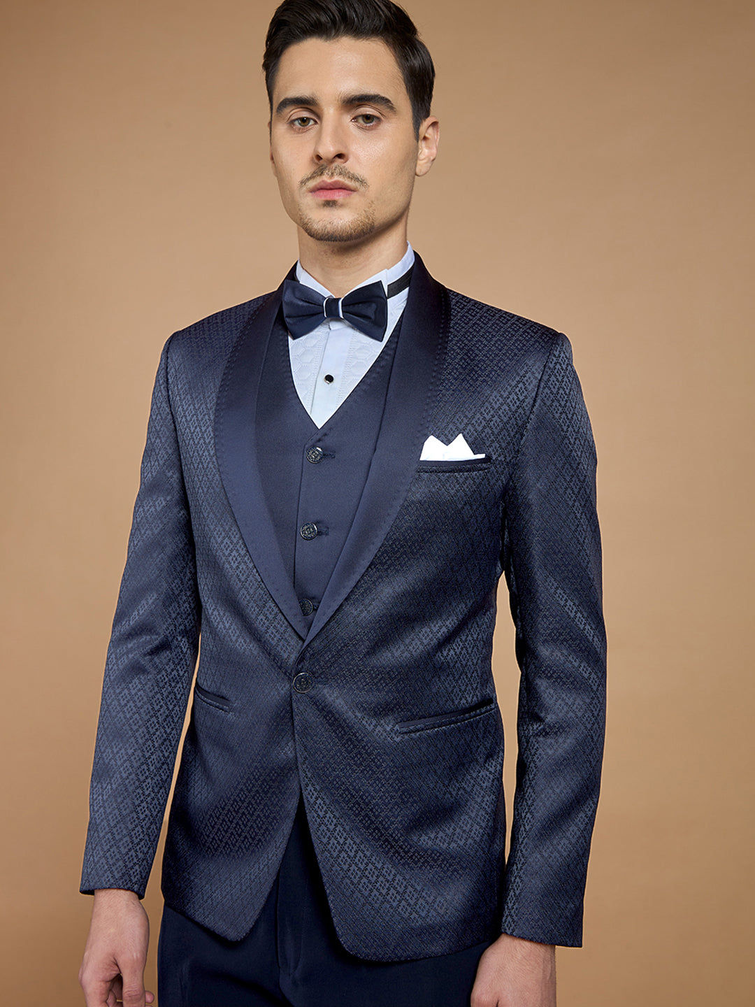 Men's Navy Blue Printed Tuxedo