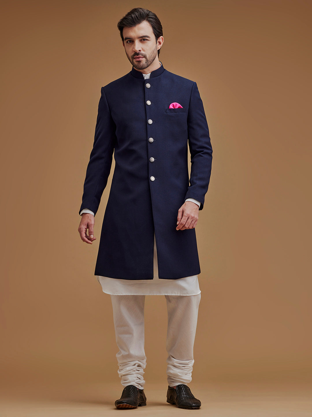 Textured Navy Blue Achkan