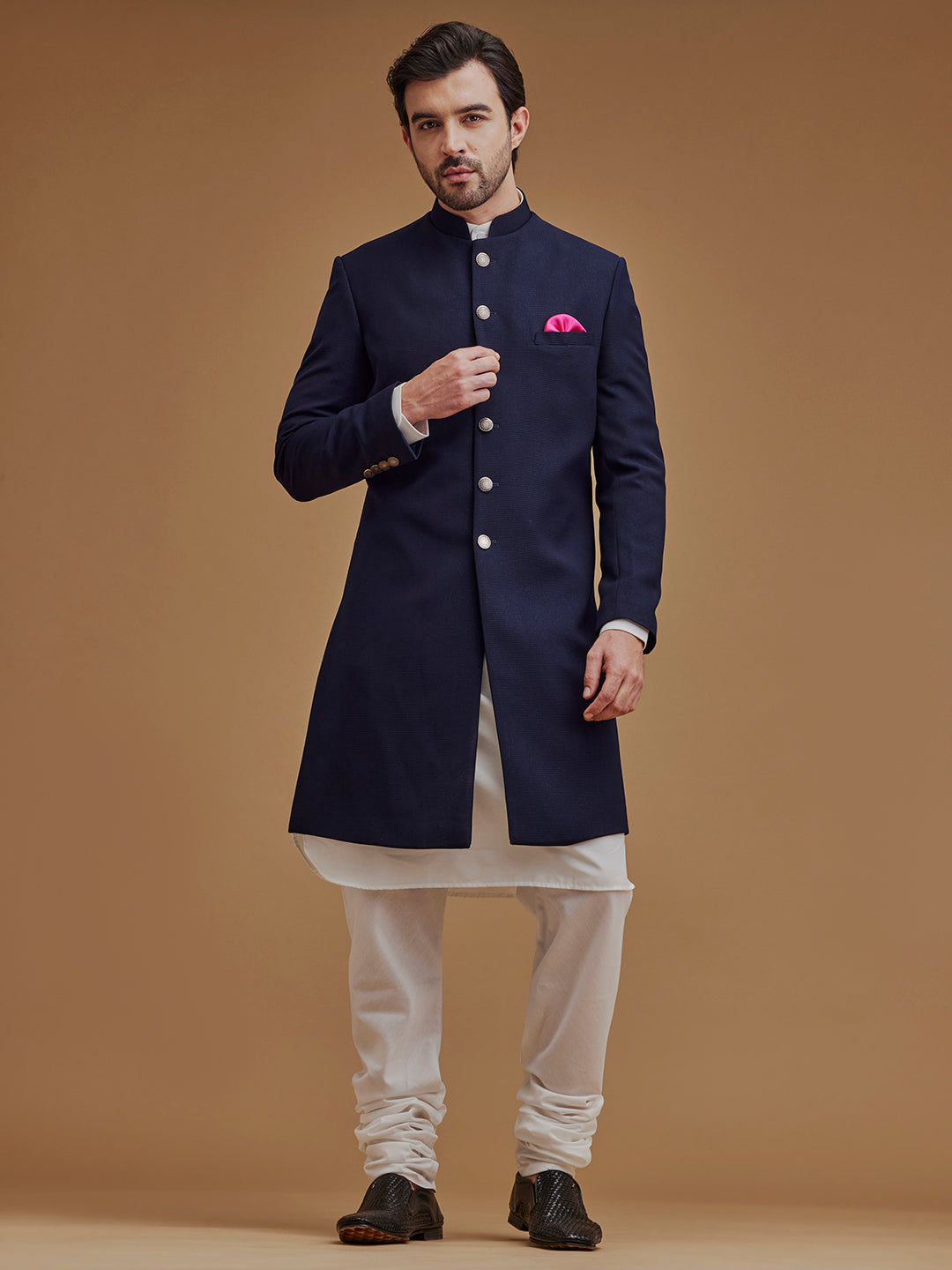 Textured Navy Blue Achkan