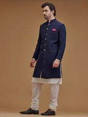 Textured Navy Blue Achkan