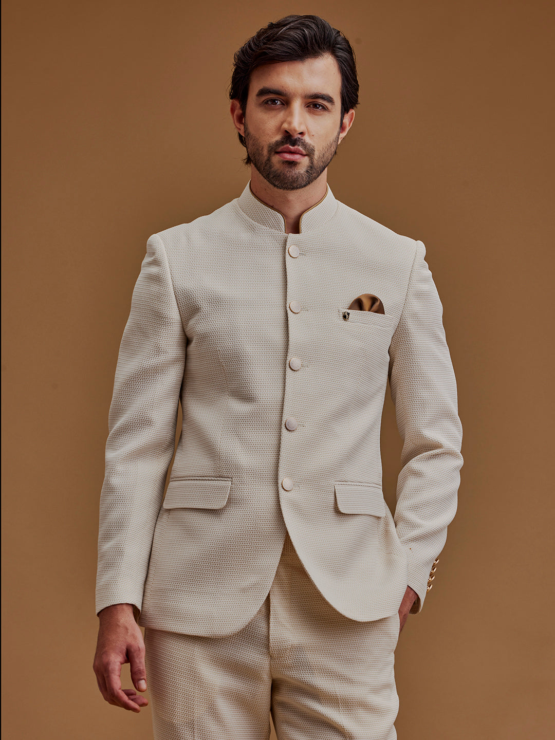 Cream Textured Indo Western Bandhgala