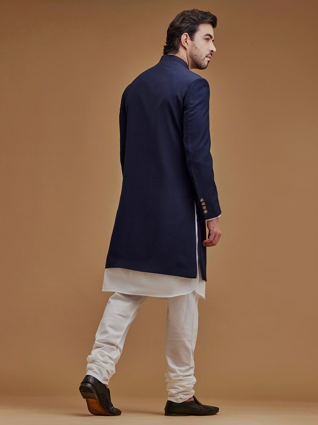 Textured Navy Blue Achkan