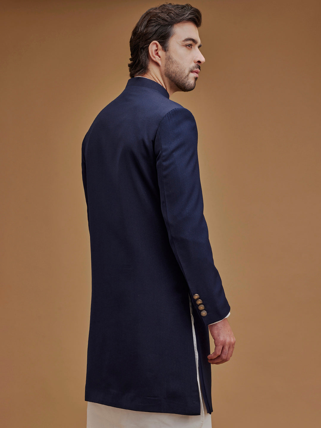 Textured Navy Blue Achkan