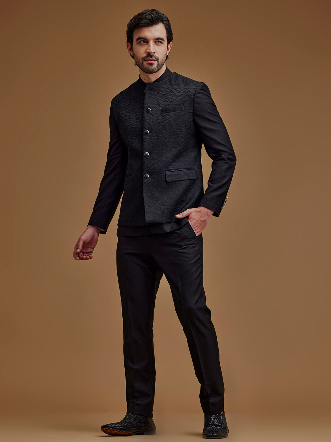 Black Textured Indo Western Bandhgala