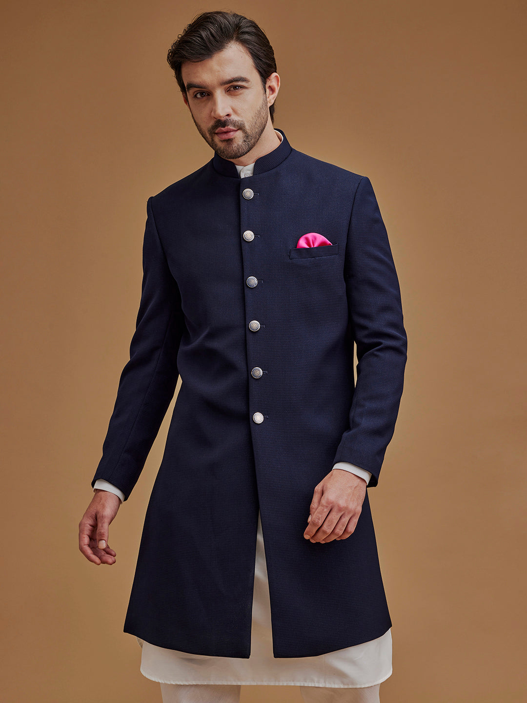 Textured Navy Blue Achkan