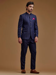 Navy Blue Paisley Printed Indo Western Bandhgala