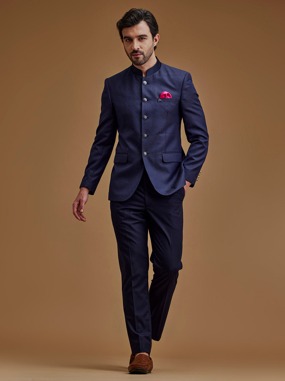 Navy Blue Paisley Printed Indo Western Bandhgala