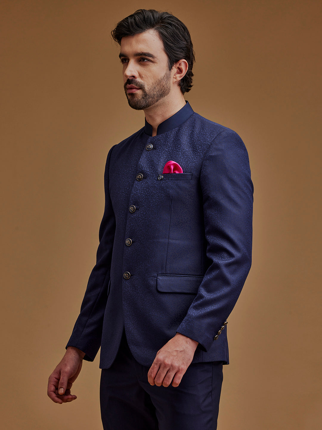 Navy Blue Paisley Printed Indo Western Bandhgala